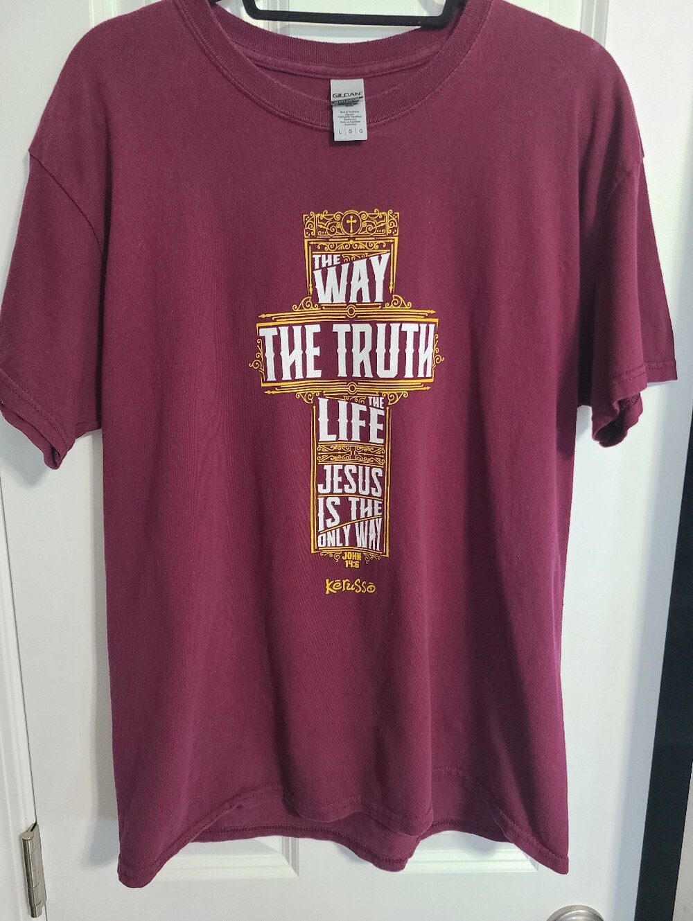 Gildan Maroon Short Sleeve Tee with Gold & White Cross Graphic